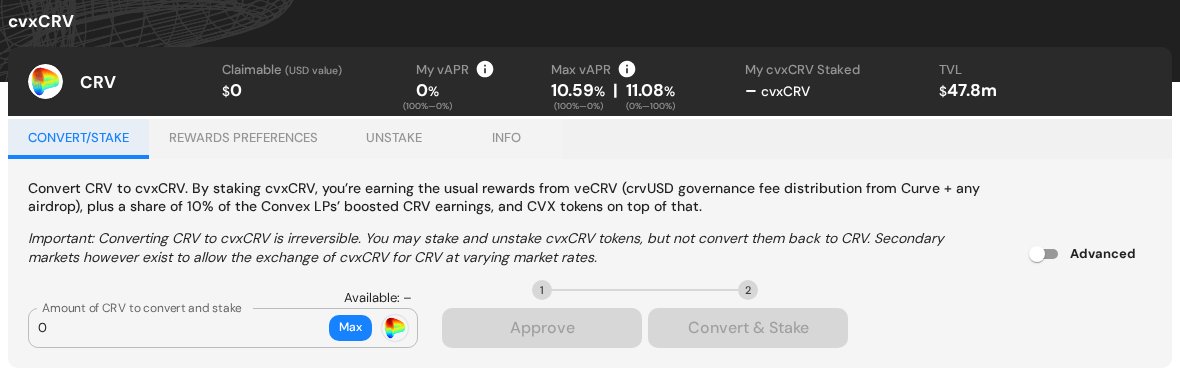 Convex app: the cvxCRV “Convert/Stake” panel. Enter an amount, click Approve, then Convert & Stake.