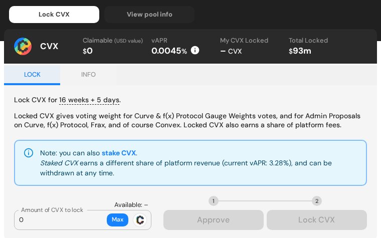 Приложение Convex: панель Lock CVX со сроком 16 недель + дни и кнопками Approve и Lock CVX.