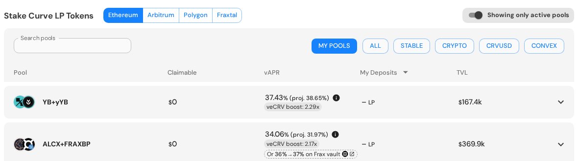 Convex app: the “Stake Curve LP Tokens” list with network tabs, vAPR and the veCRV boost per pool.